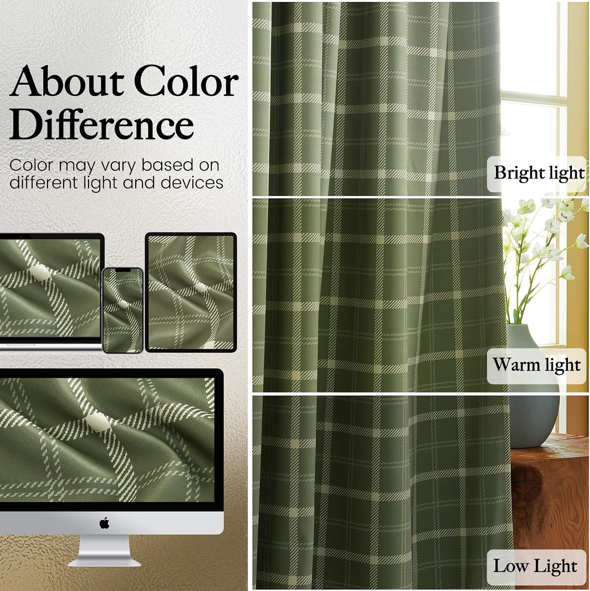 NICETOWN Olive Green Farmhouse Gingham Tiers Kitchen 100% Blackout Curtains