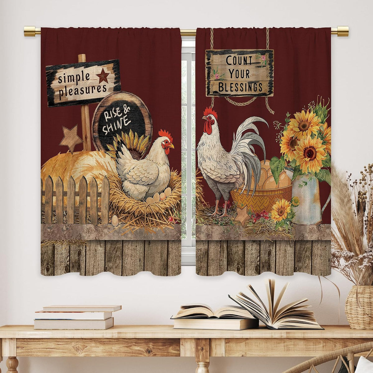 Farmhouse Rooster Kitchen Curtains Rustic Country Bathroom Curtains Window Treatment Drapes Tier Sunflower Vintage Cafe Small Bedroom Short French Door Curtains 2 Panels 27.5x39 Inch