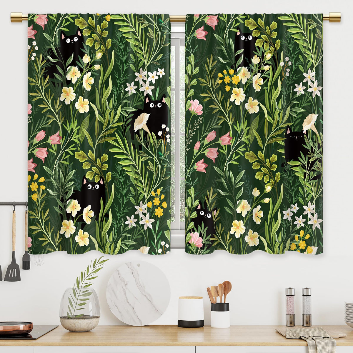 Colorful Leaves Kitchen Curtains Boho Botanical Bathroom Curtains Window Treatment Drapes Tier Flower Floral Cafe Small Bedroom Short French Door Curtains Rod Pocket 2 Panels 27.5x39 Inch
