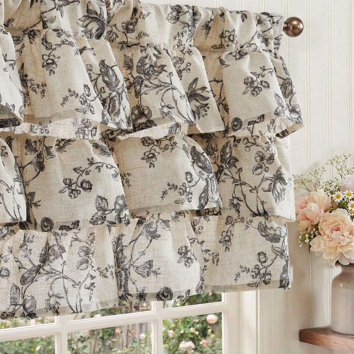 jinchan Alisa Ruffled Floral Valance Curtain 18 Inch 1 Panel Taupe on Linen