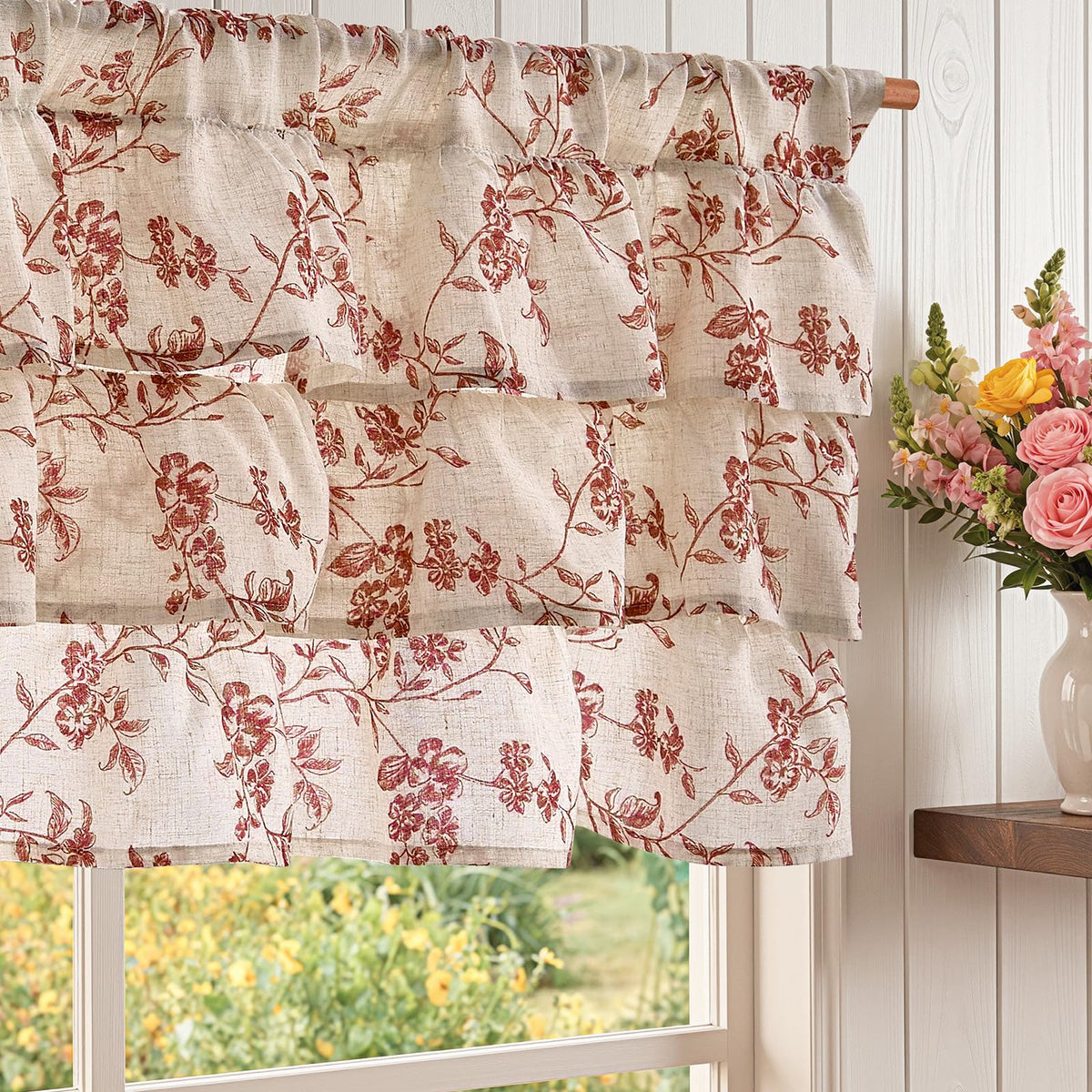 jinchan Alisa Ruffled Floral Valance Curtain 18 Inch 1 Panel Taupe on Linen