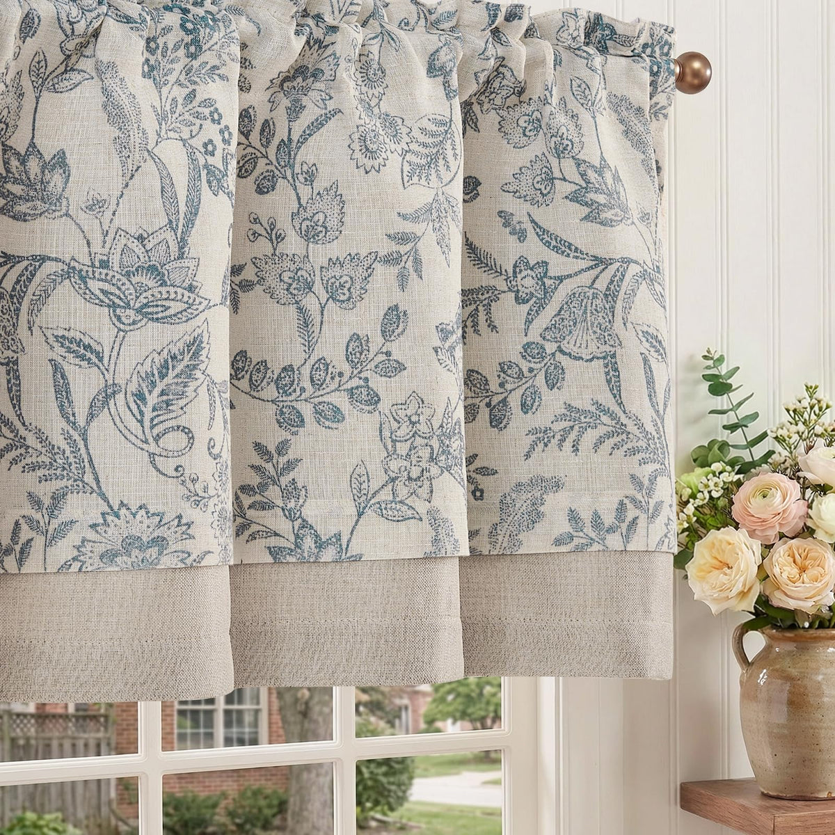 jinchan Floral Linen Kitchen Valance Curtain, 50x16, 1 Panel, Black