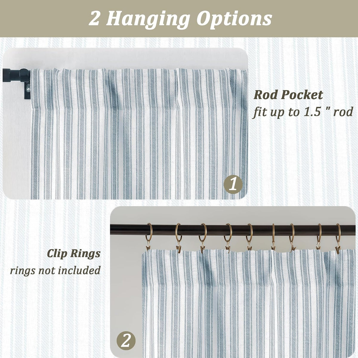 Chyhomenyc Striped Short Curtains 36 Inch Length - Light Filtering Faux Linen Living Room Tier Half Window Curtains, Farmhouse Modern Boho Curtain for Bathroom, 30Wx36L, 2 Pieces, Stone Blue