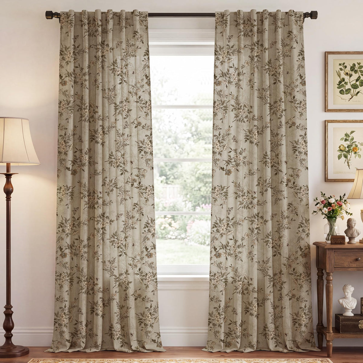 NICETOWN Sage Green Floral Linen Curtains Cafe Curtains, W26 x L36