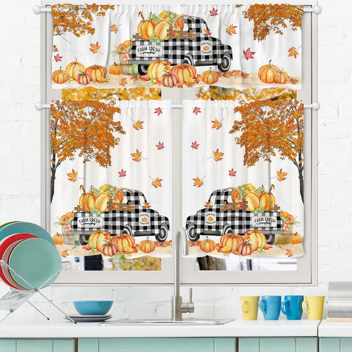 Hexagram Fall Curtains for Kitchen 3 Piece Set, 54x36 Inch