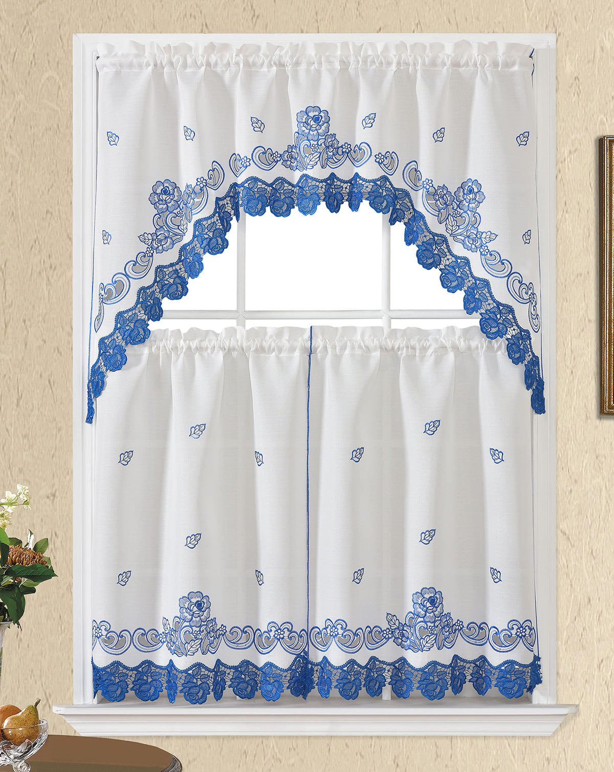 GOHD Lace Rosarium Kitchen Curtains, 3PCS Kitchen Curtains and Valances Set, Elegant White Fabric with Rose Embroidery and Lace. (Grey, Swag and 22 inches Tiers Set)