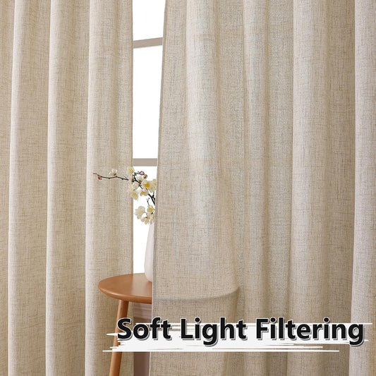 Tollpiz Short Linen Tier Curtains Rod Pocket Semi Sheer Half Kitchen Curtain Burlap Light Filtering Thick Linen Drapes for Bathroom, 30 x 24 inches Long, Natural, Set of 2 Panels