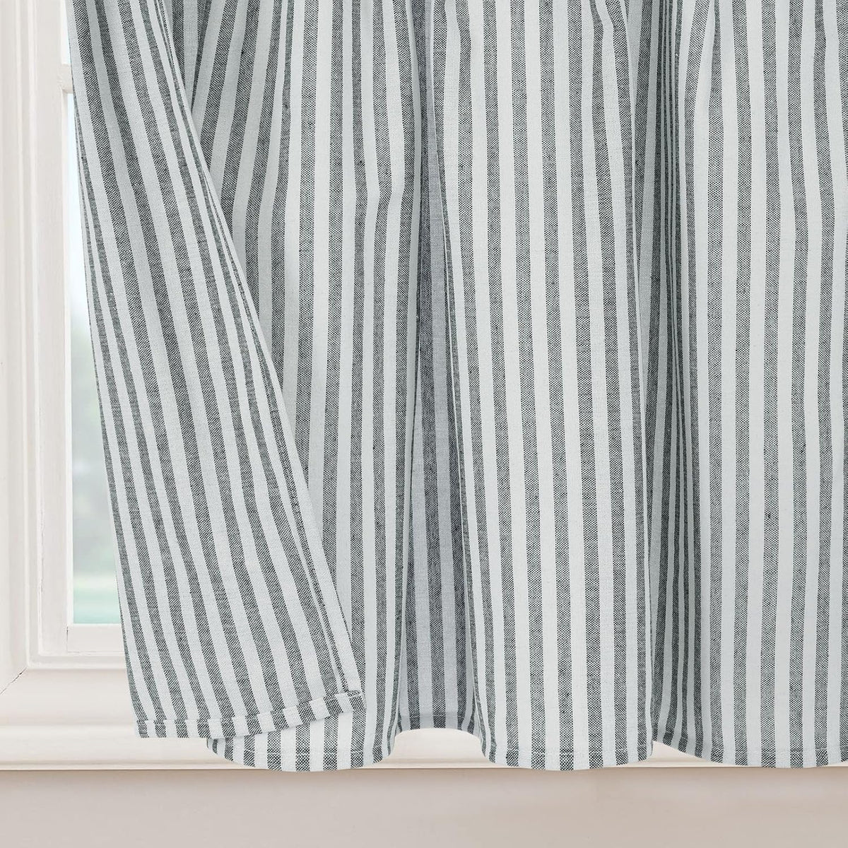 BLEUM CADE Farmhouse Kitchen Curtains 36 Inch, Cotton Linen Cafe Curtains with Rustic Buttons, Boho Small Window Curtains for Bathroom, Green Stripe Half Window Drapes Over Sink, 2 Panels