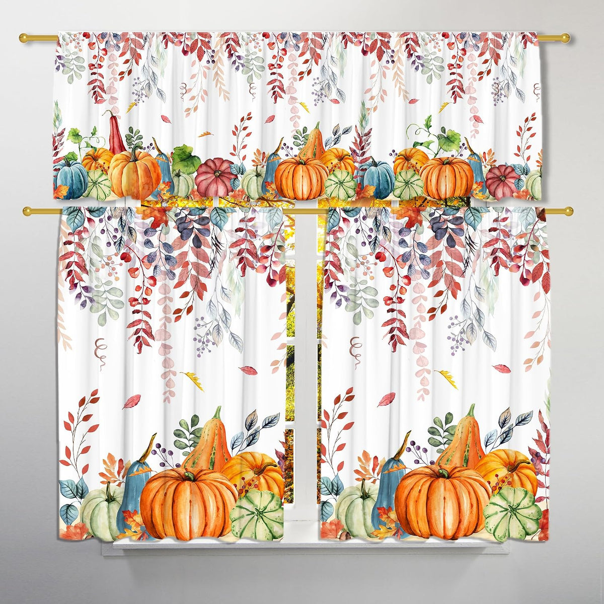 FUTBU Fall Kitchen Curtains for Windows-Fall Decorations Leaves Pumpkin Valances-Autumn Leaf Curtains and Valances Set Decor for Cafe Living Room 27''x24'' 2 Panel & 54x18 Inch Tier Set Thanksgiving