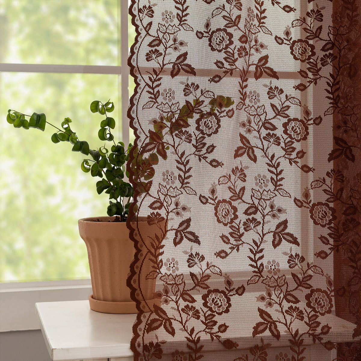 FINECITY Short Beige Lace Curtains Rustic Leaf Floral W42xL36 Inch 2 Panels