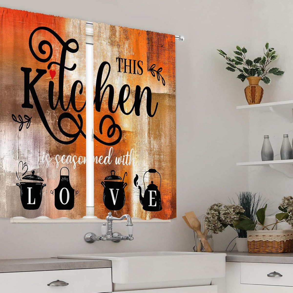 Abstract Burnt Orange Kitchen Curtains 27.5W x 39H Inch Vintage 2 Panels