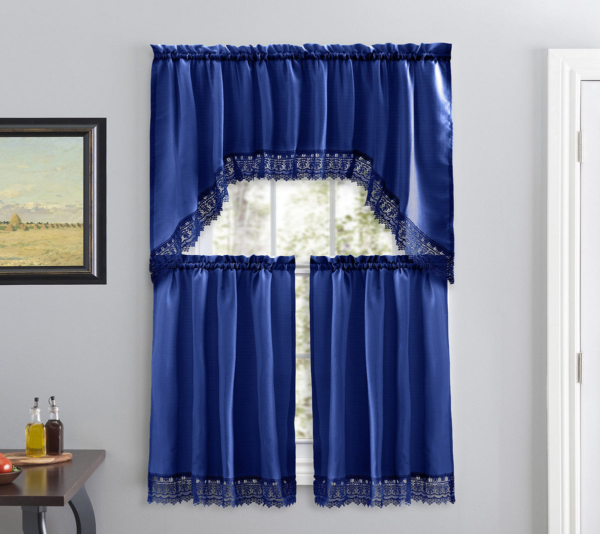 American Linen 3-Piece Kitchen Café Curtains with Embroidered Lace (White)