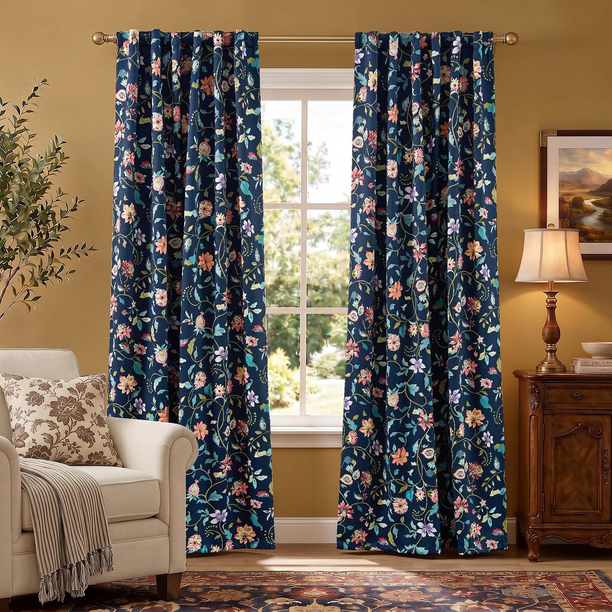 jinchan Black Boho Floral Blackout Curtains 84 Inch Grommet 2 Panels