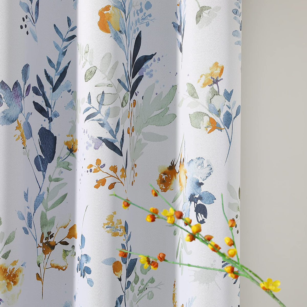 MYSKY HOME Floral Blackout Curtains 45 inch Length 2 Panels Yellow and Blue