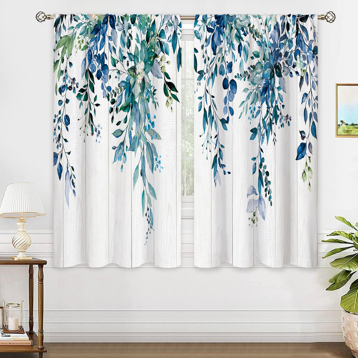 Eucalyptus Botanical Leaves Floral Kitchen Window Curtains Over Sink Boho Farmhouse Flower Leaf Small Window Treatment Sage Green Cafe Short Curtains for Bathroom Tier Drapes 27.5x39 inch