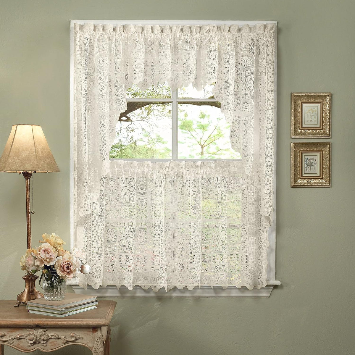 Sweet Home Collection Old World Style Floral Heavy Lace Kitchen Curtain Swag pair Hopewell Cream