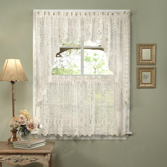 Sweet Home Collection Old World Style Floral Heavy Lace Kitchen Curtain Swag pair Hopewell Cream