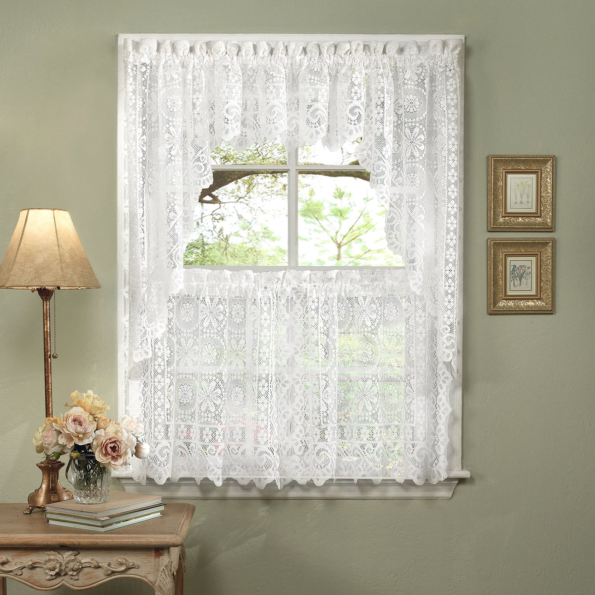 Sweet Home Collection Old World Style Floral Heavy Lace Kitchen Curtain Swag pair Hopewell Cream
