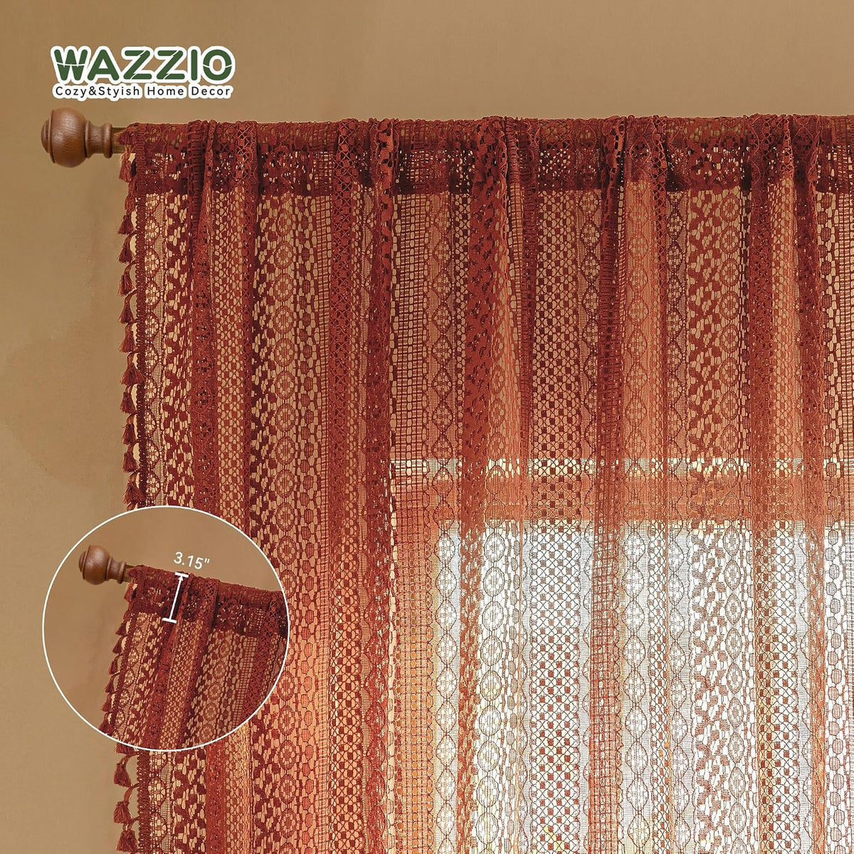 WAZZIO Boho Lace Over Sink Kitchen Curtains,2 Panel, W59 x L36,Burnt Orange