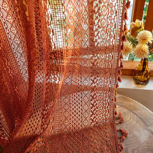 WAZZIO Boho Lace Over Sink Kitchen Curtains,2 Panel, W59 x L36,Burnt Orange